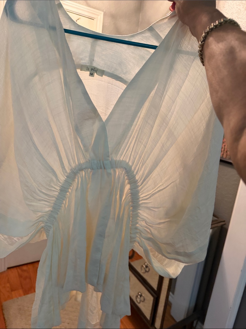 LA MIEL Sheer Cream V-Neck Ruched-Waist Blouse